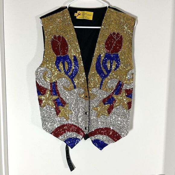 JC 001 USA Vintage Foral Western Cowboy Sequin Vest Size L - Picture 1 of 4